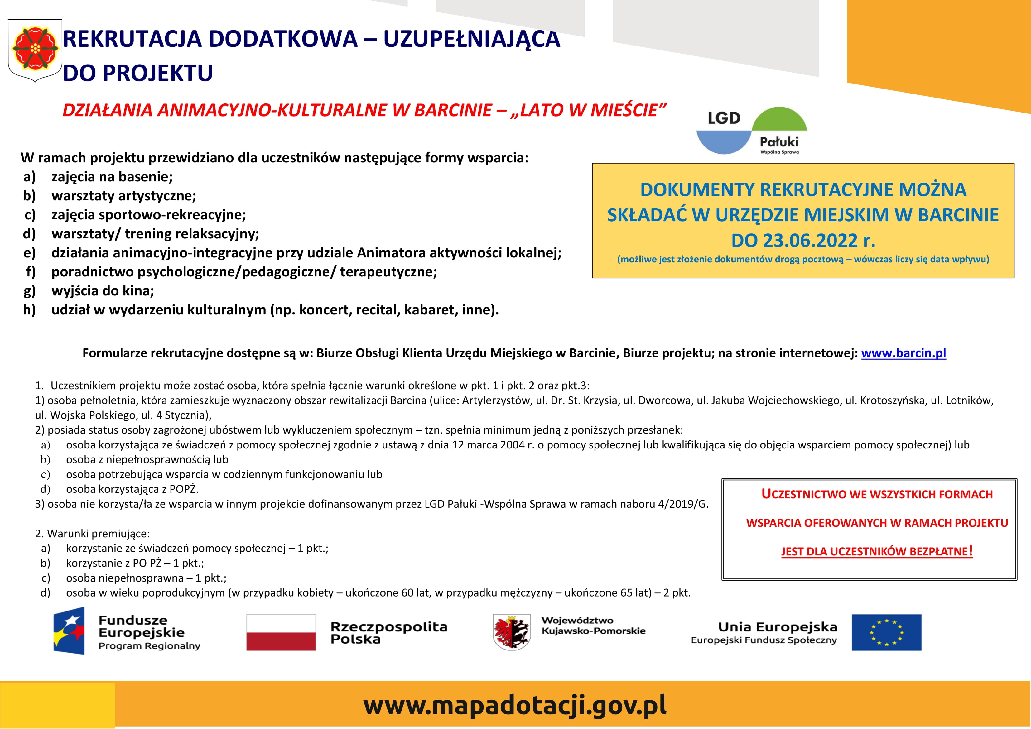 Plakat promujący rekrutację uzupełniającą do projektu „Działania animacyjno-kulturalne w Barcinie – „LATO W MIEŚCIE”