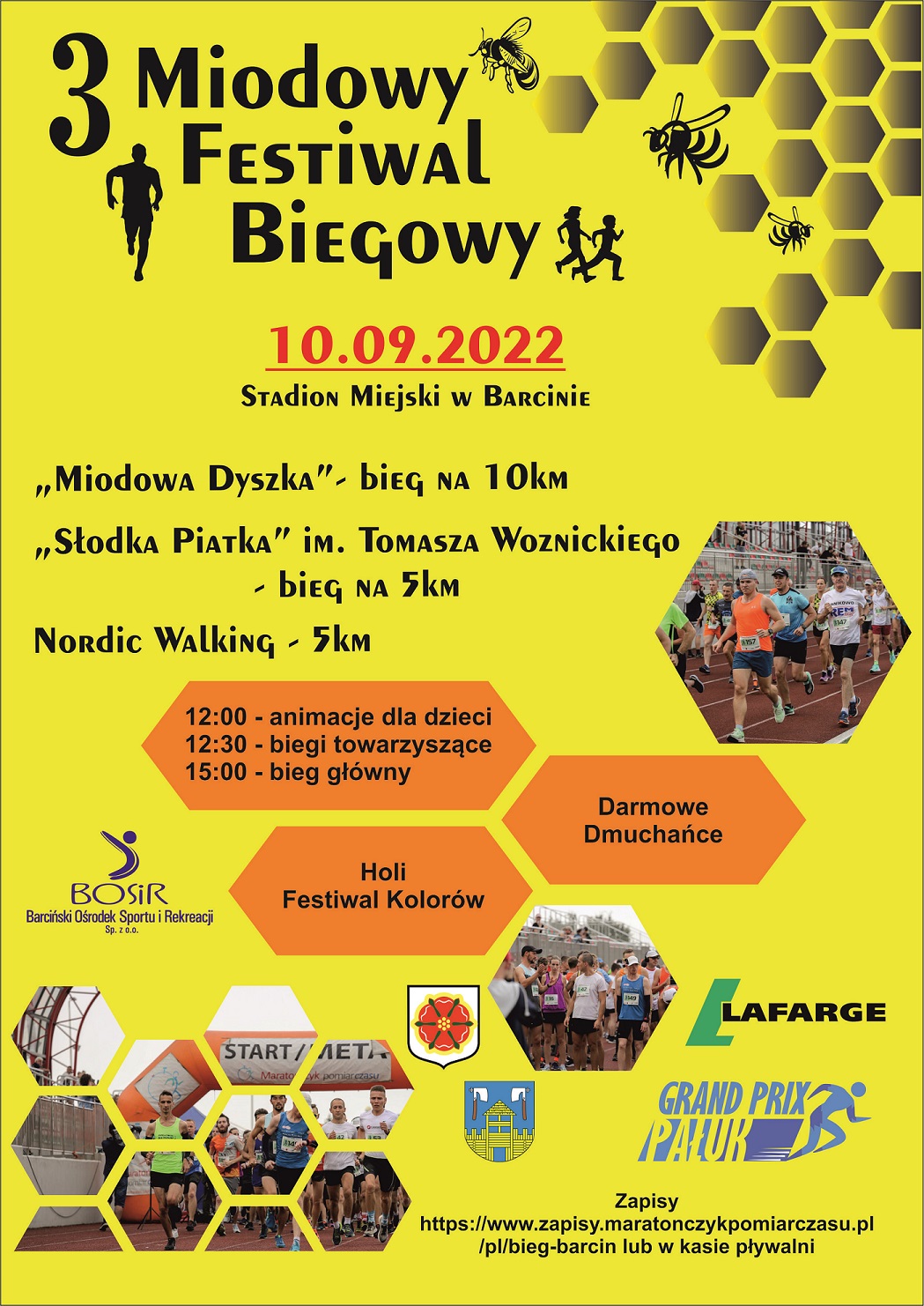 Plakat promujący 3 Miodowy Festiwal Biegowy w Barcinie w dniu 10 września 2022 roku w ramach cyklu Grand Prix Pałuk 2022