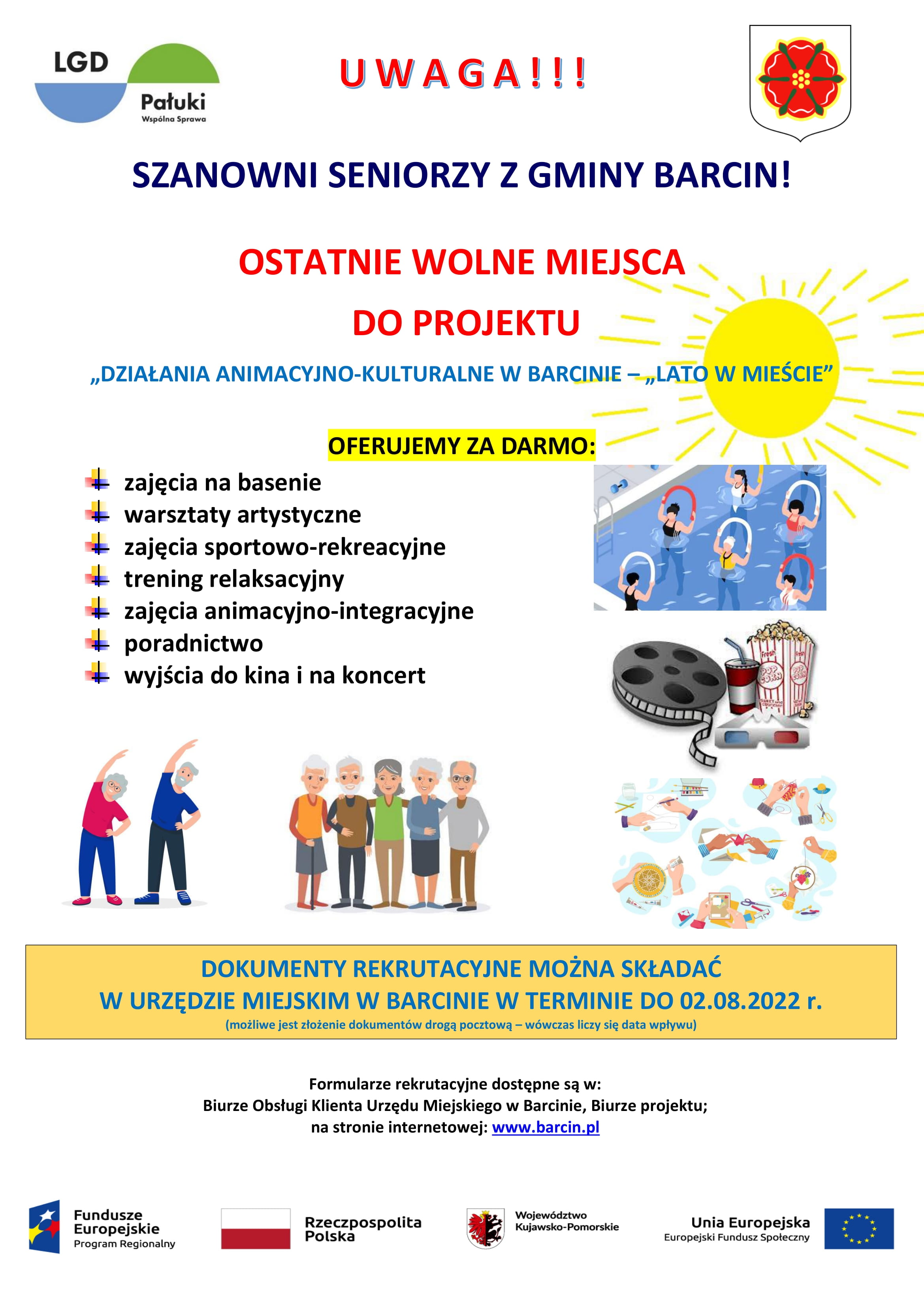 Plakat promujący nabór do projektu Działania animacyjno-kulturalne w Barcinie – „LATO W MIEŚCIE”.